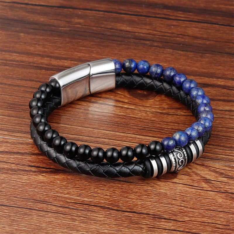 Buddha Stones Zwarte onyx, lazuriet, lapis lazuli, titaniumstaal, Armband van leer - image 1