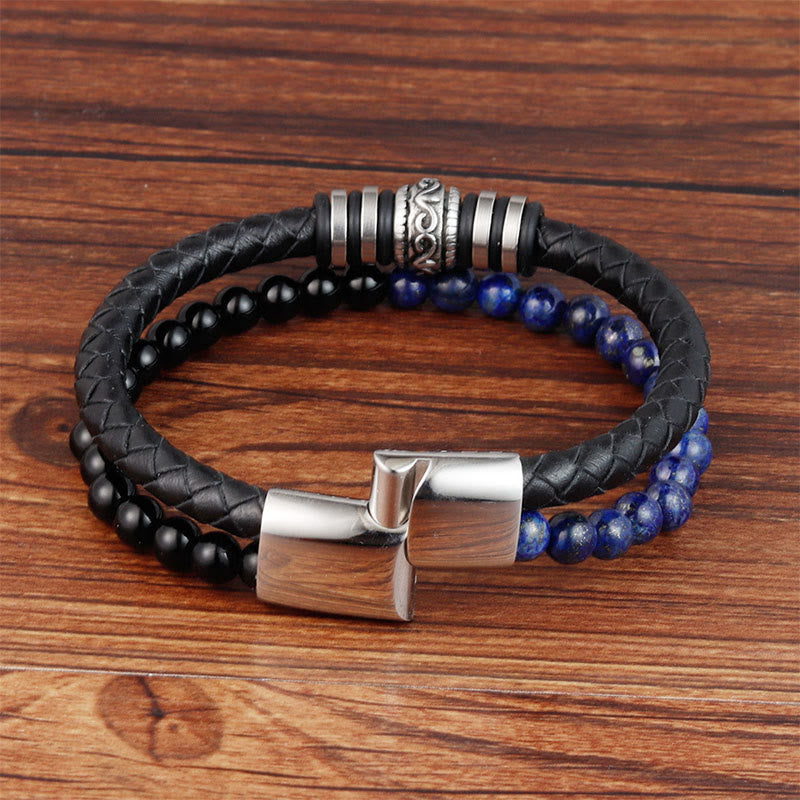 Buddha Stones Zwarte onyx, lazuriet, lapis lazuli, titaniumstaal, Armband van leer - image 2