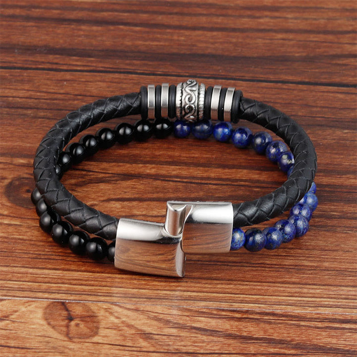 Buddha Stones Zwarte onyx, lazuriet, lapis lazuli, titaniumstaal, Armband van leer - image 2