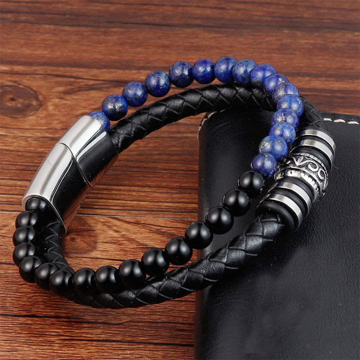 Buddha Stones Zwarte onyx, lazuriet, lapis lazuli, titaniumstaal, Armband van leer - image 3