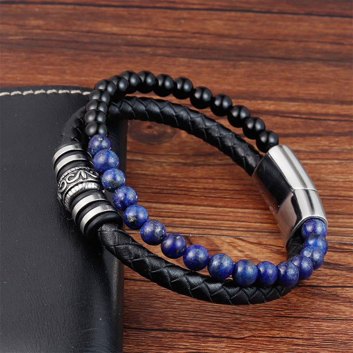 Buddha Stones Zwarte onyx, lazuriet, lapis lazuli, titaniumstaal, Armband van leer - image 4