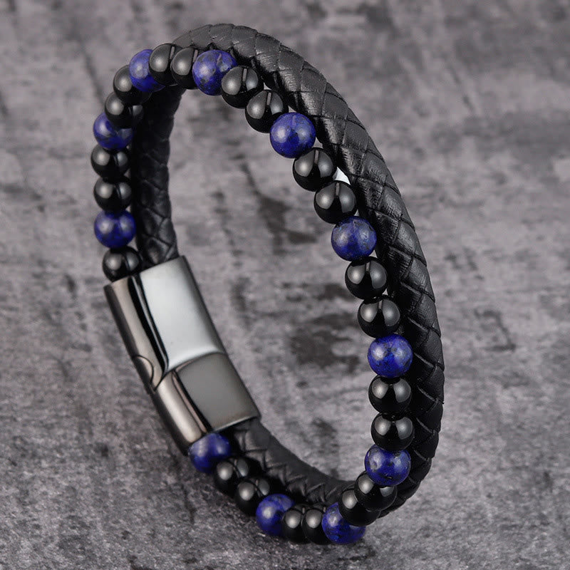 Buddha Stones Zwarte onyx, lazuriet, lapis lazuli, titaniumstaal, positieve zelfzorg, leren Armband - Zwarte onyx lazuriet (Polsomtrek: 18-19 cm) - image 0