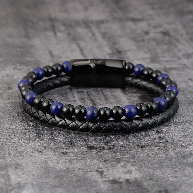 Buddha Stones Zwarte onyx, lazuriet, lapis lazuli, titaniumstaal, positieve zelfzorg, leren Armband - image 1