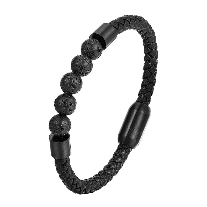Buddha Stones Armband van matsteen, lavasteen, tijgeroog, titaniumstaal en stimulerend leer. - Lavasteen (Polsomtrek: 18-19 cm) - image 5