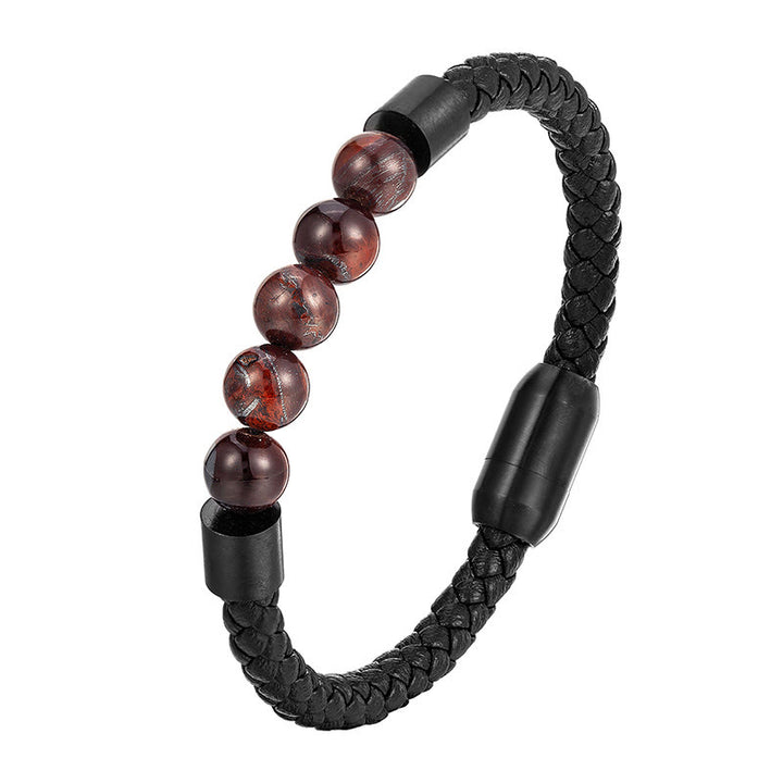 Buddha Stones Armband van matsteen, lavasteen, tijgeroog, titaniumstaal en stimulerend leer. - Rode tijgeroog (Polsomtrek: 18-19 cm) - image 7