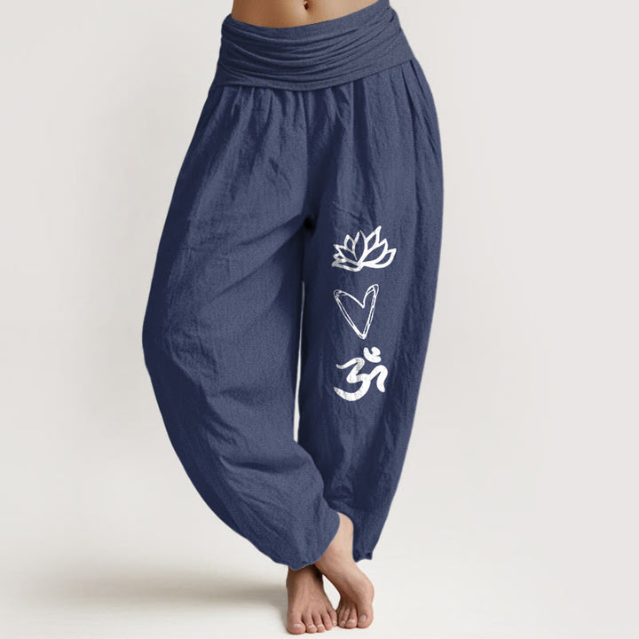 Buddha Stones Harembroek voor dames met elastische Taille en 100% Cotton in hartvorm met Om-symbool. - Donker leisteenblauw - US16, UK/AU20, EU48 (3XL) - image 0