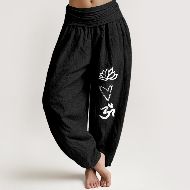 Buddha Stones Harembroek voor dames met elastische Taille en 100% Cotton in hartvorm met Om-symbool. - Zwart - US16, UK/AU20, EU48 (3XL) - image 5