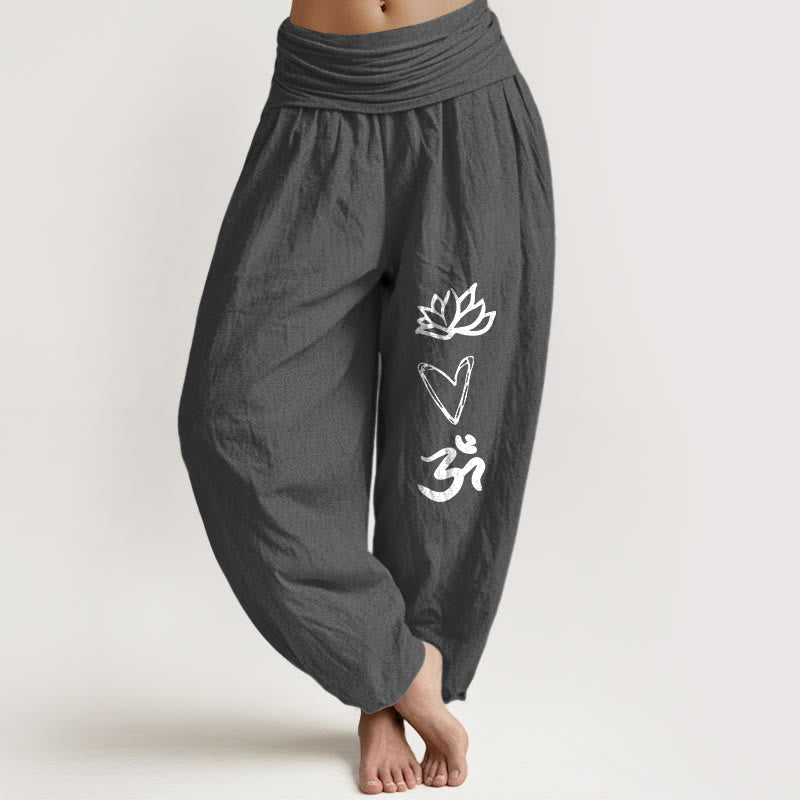 Buddha Stones Harembroek voor dames met elastische Taille en 100% Cotton in hartvorm met Om-symbool. - Donkergrijs - US16, UK/AU20, EU48 (3XL) - image 8