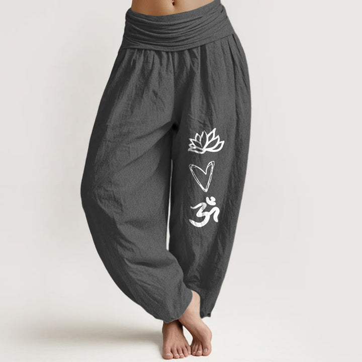 Buddha Stones Harembroek voor dames met elastische Taille en 100% Cotton in hartvorm met Om-symbool. - Donkergrijs - US16, UK/AU20, EU48 (3XL) - image 8