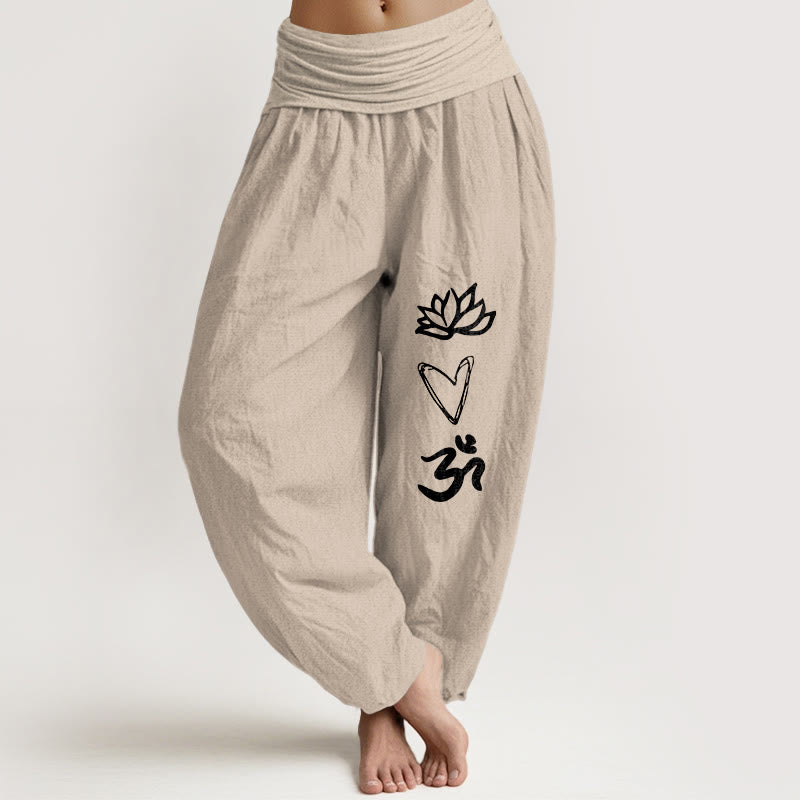 Buddha Stones Harembroek voor dames met elastische Taille en 100% Cotton in hartvorm met Om-symbool. - Bruinen - US16, UK/AU20, EU48 (3XL) - image 11