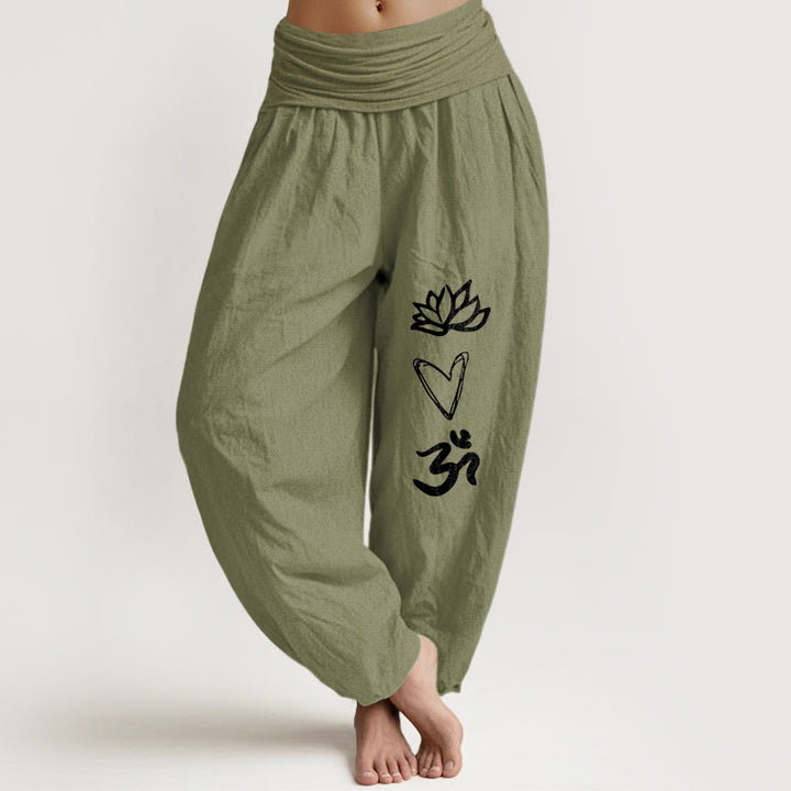Buddha Stones Harembroek voor dames met elastische Taille en 100% Cotton in hartvorm met Om-symbool. - Olijfgroen - US16, UK/AU20, EU48 (3XL) - image 14