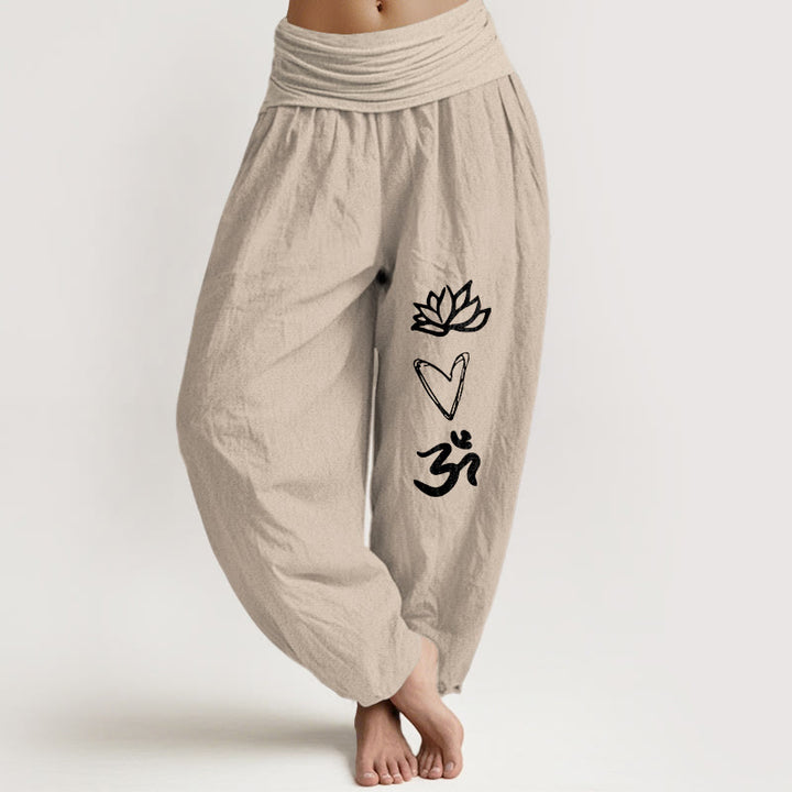 Buddha Stones Harembroek voor dames met elastische Taille en 100% Cotton in hartvorm met Om-symbool. - Bruinen - US16, UK/AU20, EU48 (3XL) - image 11