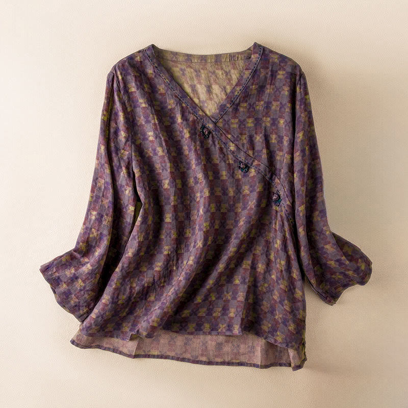 Buddha Stones Lente V-hals shirt met bloemenprint en Lange mouw voor dames - Donker Magenta - US8-10，UK/AU12-14，EU40-42 (2XL) - image 0