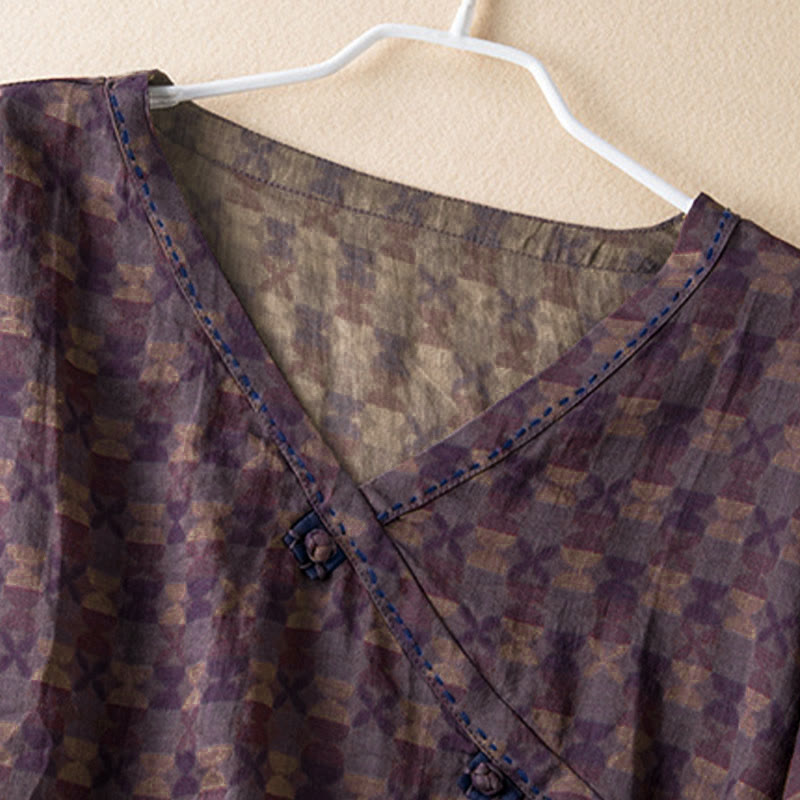 Buddha Stones Lente V-hals shirt met bloemenprint en Lange mouw voor dames - image 1