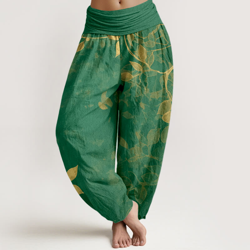 Buddha Stones Harembroek voor dames met elastische Taille , gemaakt van 100% Cotton met een zachtgekleurd bladmotief. - Groente - US16, UK/AU20, EU48 (3XL) - image 0