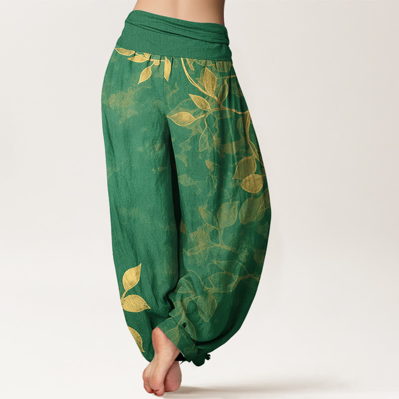 Buddha Stones Harembroek voor dames met elastische Taille , gemaakt van 100% Cotton met een zachtgekleurd bladmotief. - image 1