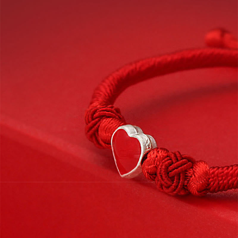Buddha Stones Armband van 999 sterling zilver met 3D-hartontwerp en rood koordje. - image 5