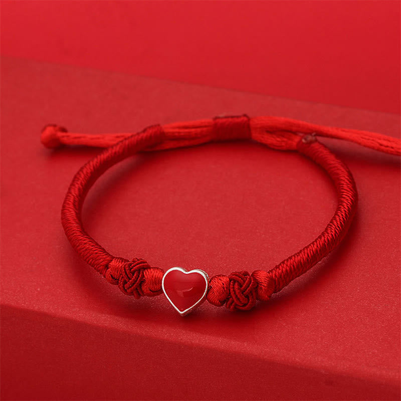 Buddha Stones Armband van 999 sterling zilver met 3D-hartontwerp en rood koordje. - image 2