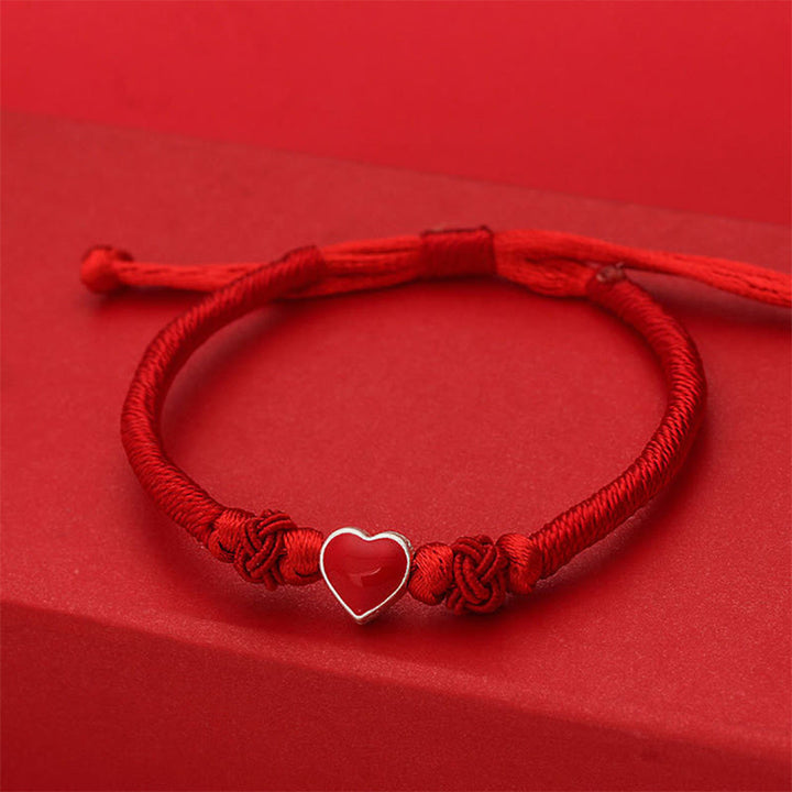 Buddha Stones Armband van 999 sterling zilver met 3D-hartontwerp en rood koordje. - image 2