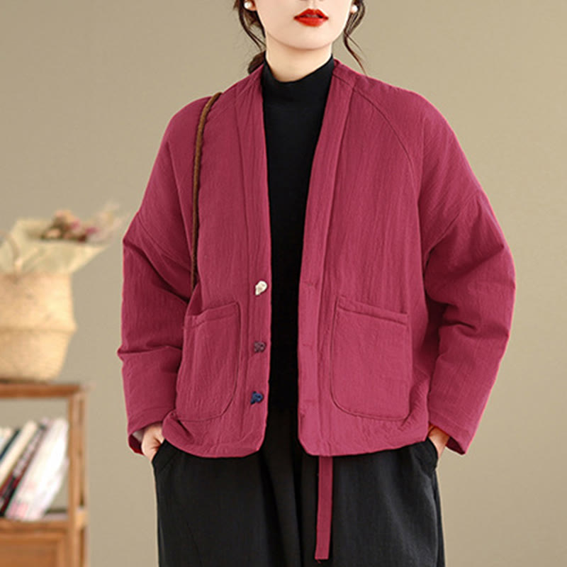 Buddha Stones Winterse katoenen thermojas met Lange mouw en Zakken voor dames - image 13