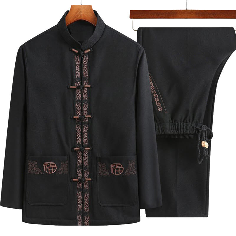 Buddha Stones Geborduurd Fu-personage Tang-pak met kikkerknopen, herenjas, overhemd en broek met Lange mouw - Zwarte jas + zwarte broek - US/UK/AU44, EU54 (4XL) - image 0