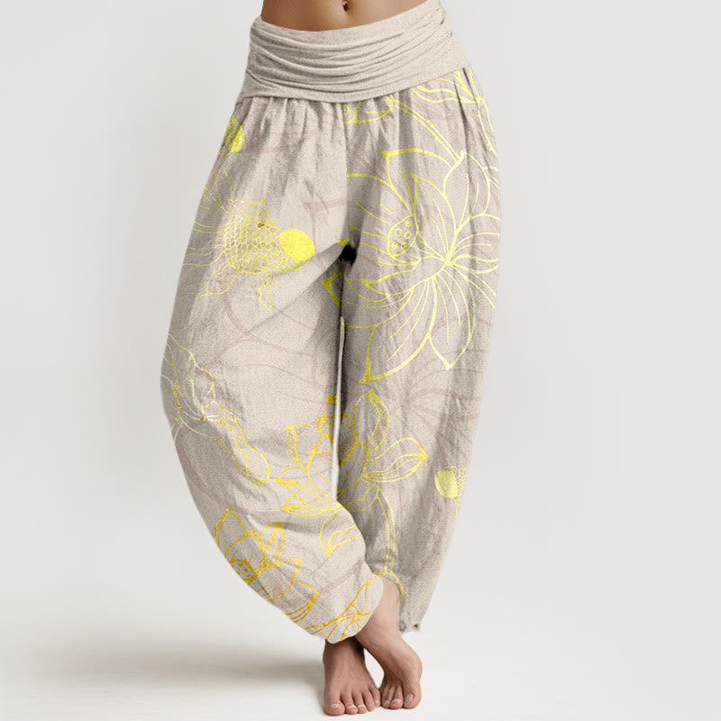 Buddha Stones Dames harembroek met elastische Taille en lotusbladmotief en koi-visprint - Beige - US22, UK/AU26, EU54 (6XL) - image 7