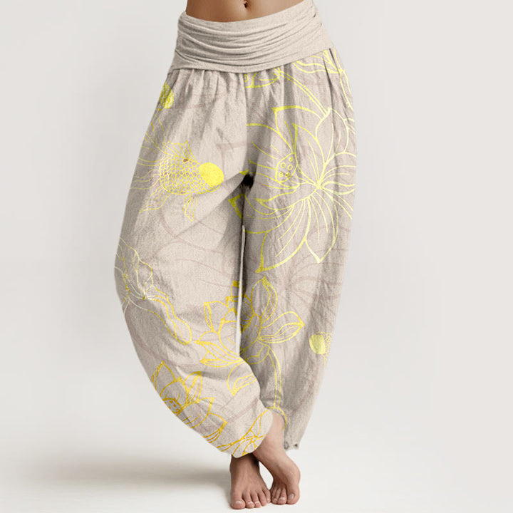 Buddha Stones Dames harembroek met elastische Taille en lotusbladmotief en koi-visprint - Beige - US22, UK/AU26, EU54 (6XL) - image 7