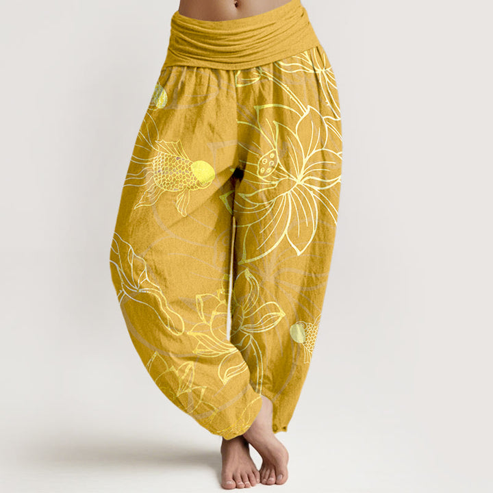 Buddha Stones Dames harembroek met elastische Taille en lotusbladmotief en koi-visprint - Goud - US22, UK/AU26, EU54 (6XL) - image 10