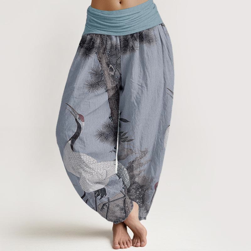 Buddha Stones Casual 100% Cotton met elastische Taille , met rode kraanvogel, dennenboom en bergmotief. - Lichtstaalblauw - US22, UK/AU26, EU54 (6XL) - image 8