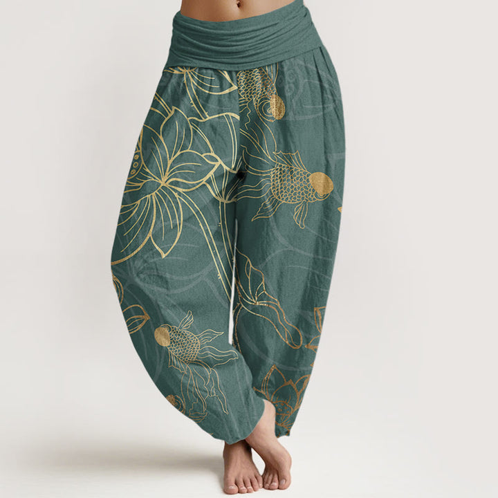 Buddha Stones Dames harembroek met elastische Taille en lotusbladmotief en koi-visprint - Donkerblauw - US22, UK/AU26, EU54 (6XL) - image 0