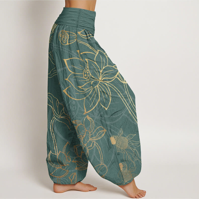 Buddha Stones Dames harembroek met elastische Taille en lotusbladmotief en koi-visprint - image 1