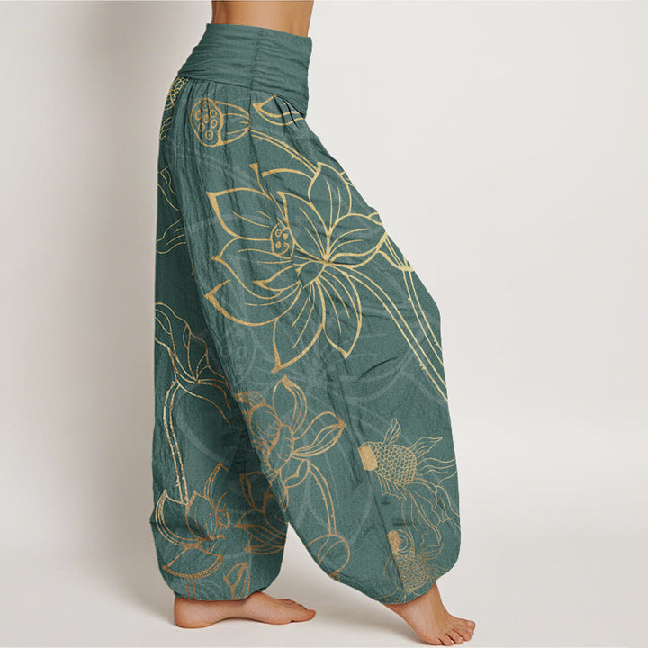 Buddha Stones Dames harembroek met elastische Taille en lotusbladmotief en koi-visprint - image 1