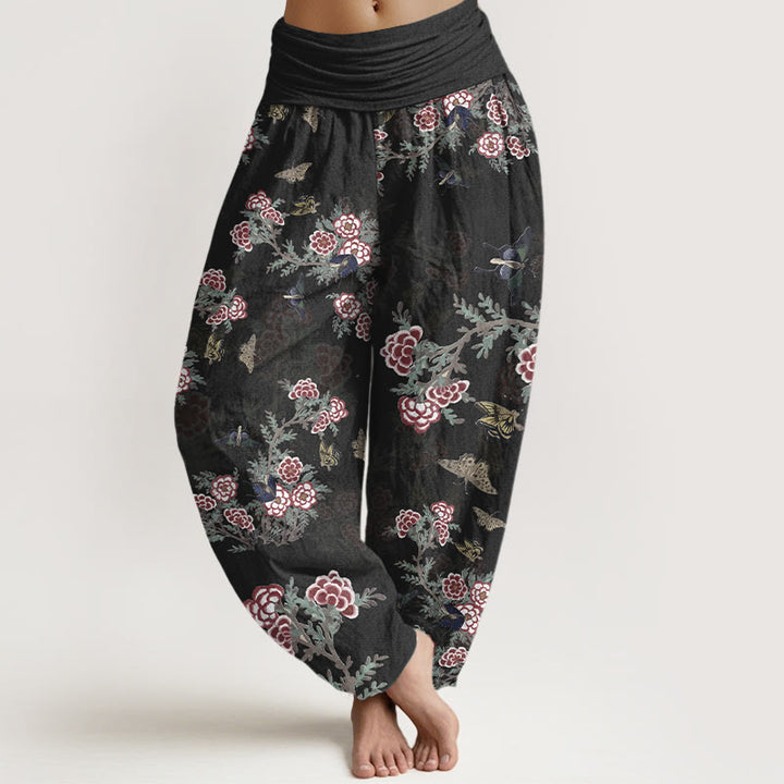 Buddha Stones Dames harembroek met elastische Taille en patroon van katoenen bloemen, bladeren en vlinders. - Zwart - US16, UK/AU20, EU48 (3XL) - image 0