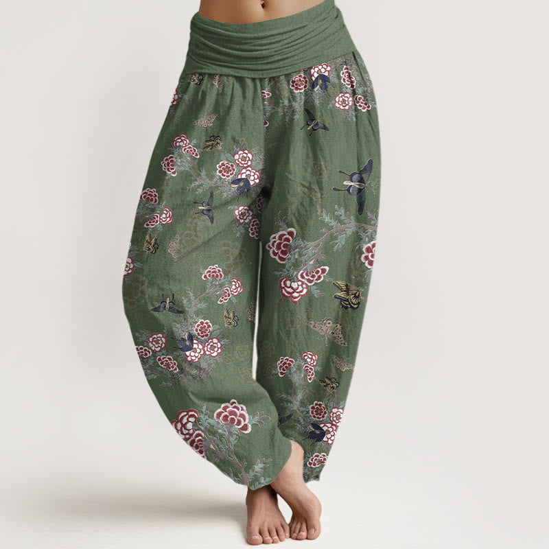 Buddha Stones Dames harembroek met elastische Taille en patroon van katoenen bloemen, bladeren en vlinders. - Zeegroen - US16, UK/AU20, EU48 (3XL) - image 5