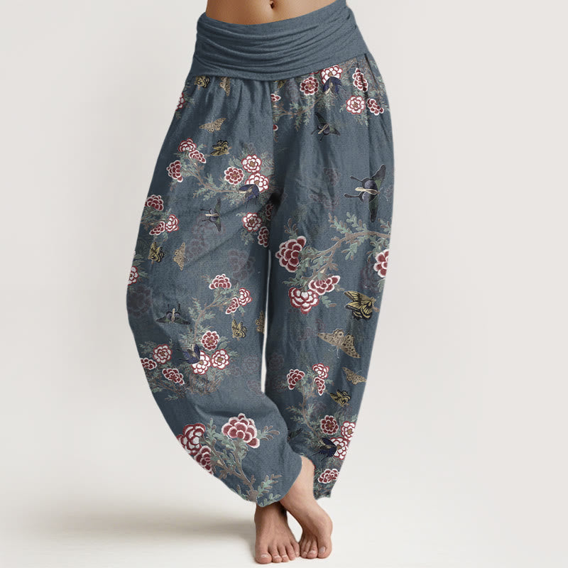 Buddha Stones Dames harembroek met elastische Taille en patroon van katoenen bloemen, bladeren en vlinders. - Donker leisteenblauw - US16, UK/AU20, EU48 (3XL) - image 8