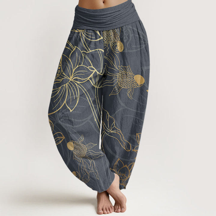 Buddha Stones Dames harembroek met elastische Taille en lotusbladmotief en koi-visprint - Donkergrijs - US22, UK/AU26, EU54 (6XL) - image 4