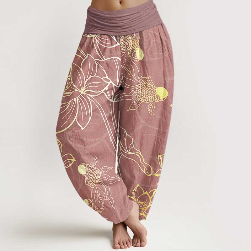 Buddha Stones Dames harembroek met elastische Taille en lotusbladmotief en koi-visprint - Lichtpaarsrood - US22, UK/AU26, EU54 (6XL) - image 13