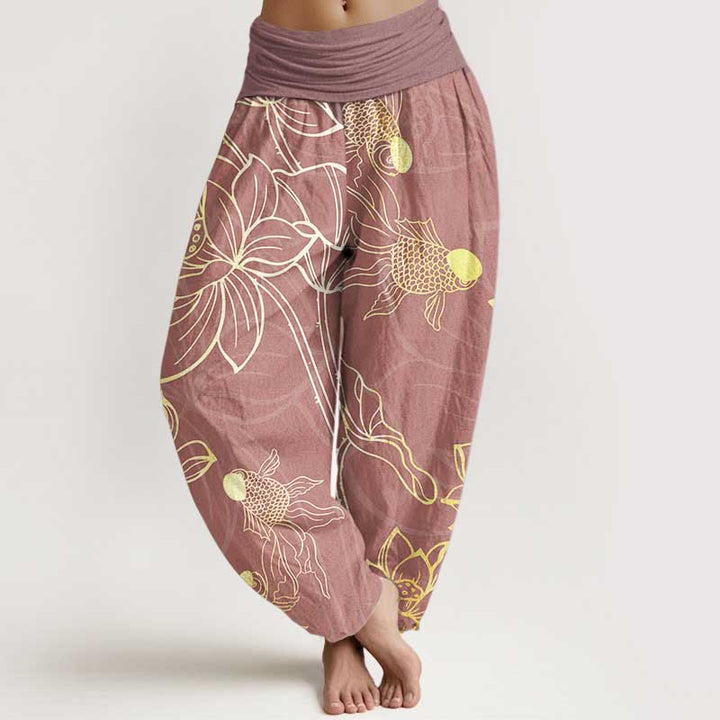 Buddha Stones Dames harembroek met elastische Taille en lotusbladmotief en koi-visprint - Lichtpaarsrood - US22, UK/AU26, EU54 (6XL) - image 13