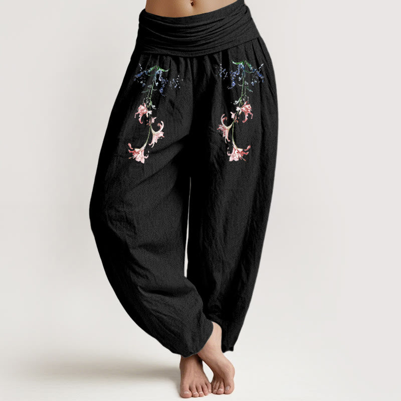 Buddha Stones Harembroek voor dames van 100% Cotton met een eenvoudig pastel bloemenpatroon en elastische Taille . - Zwart - US16, UK/AU20, EU48 (3XL) - image 0