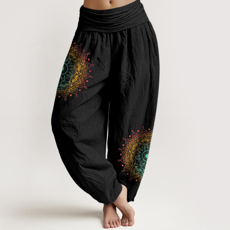 Buddha Stones Harembroek voor dames met elastische Taille , 100% Cotton in een eenvoudige stijl met mandala-patroon. - Zwart - US16, UK/AU20, EU48 (3XL) - image 0