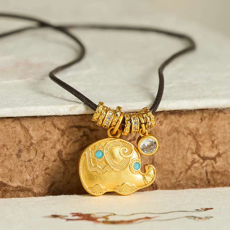 Buddha Stones Olifantensymbool, 24-karaats verguld messing, Ketting met touwconstructie. - image 1