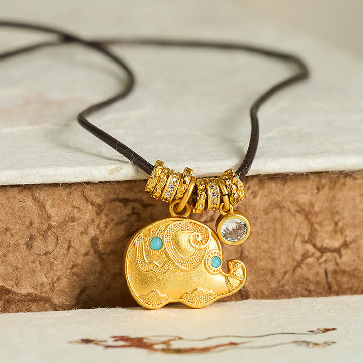 Buddha Stones Olifantensymbool, 24-karaats verguld messing, Ketting met touwconstructie. - image 1
