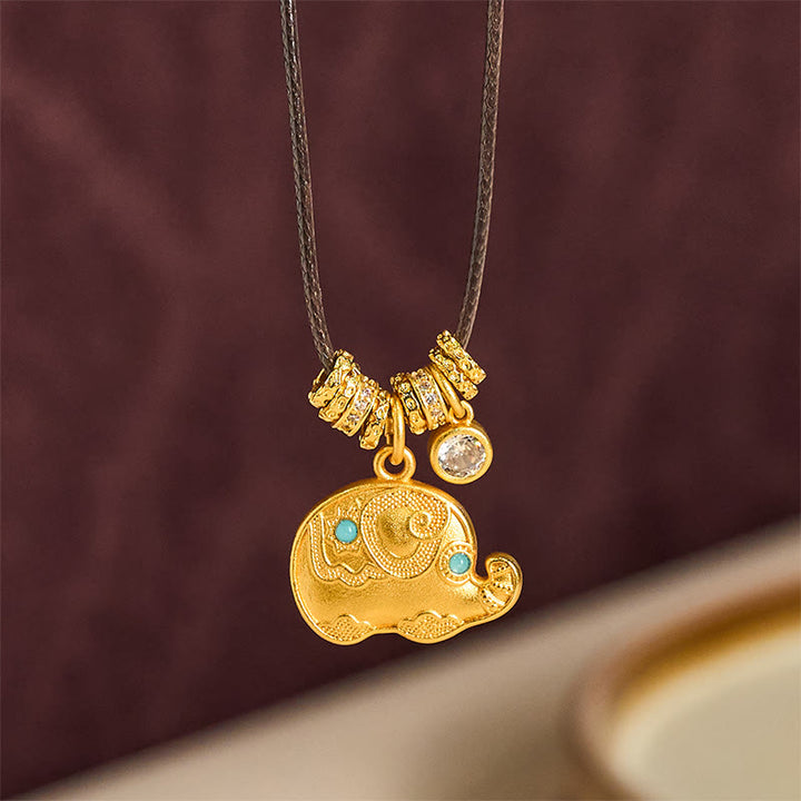Buddha Stones Olifantensymbool, 24-karaats verguld messing, Ketting met touwconstructie. - image 2