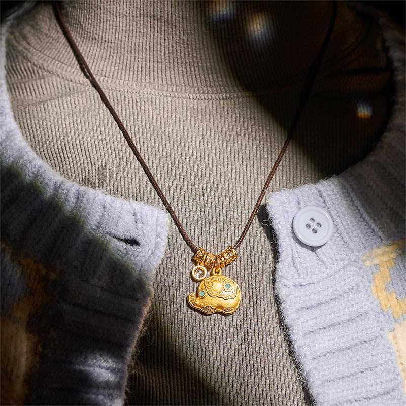 Buddha Stones Olifantensymbool, 24-karaats verguld messing, Ketting met touwconstructie. - image 8