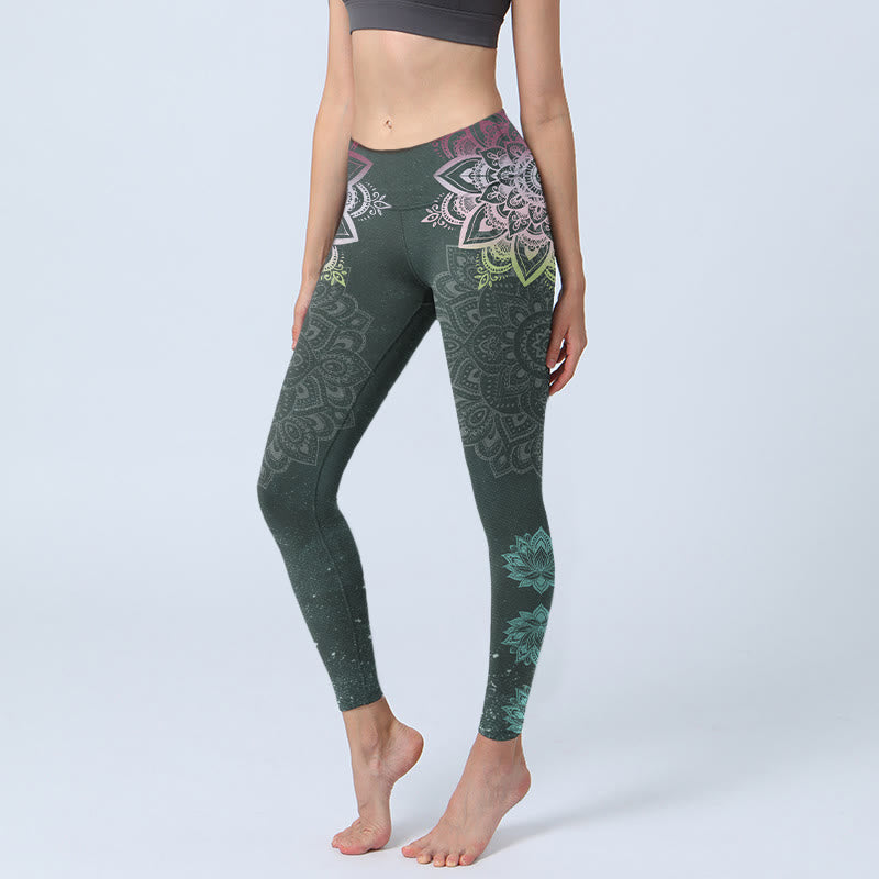Buddha Stones Symmetrische mandala's en lotusbloemen print, sportlegging voor dames, yogabroek - Donkergroen - US18, UK/AU22, EU50 (4XL) - image 0