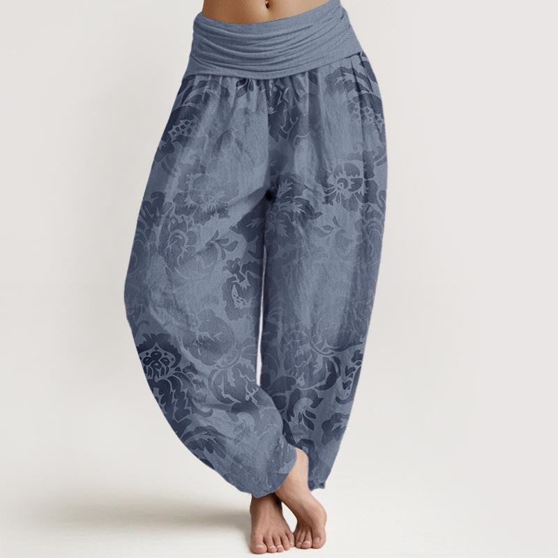 Buddha Stones Casual katoenen harembroek met bloemen- en bladmotief voor dames, elastische Taille - Hemelsblauw - US22, UK/AU26, EU54 (6XL) - image 0