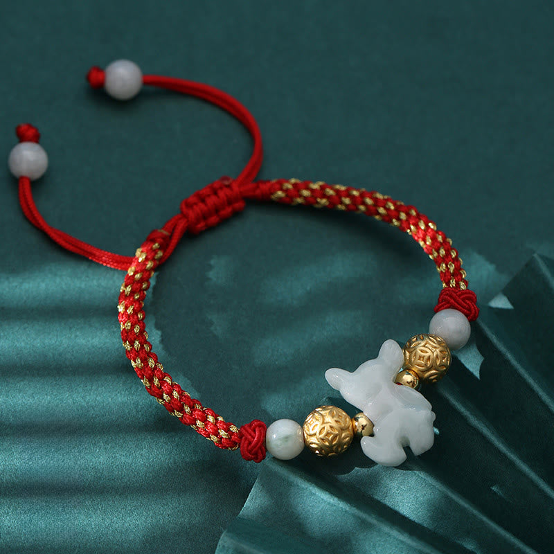 Buddha Stones Armband met jade en zilveren kralen, Chinees dierenriemteken, Jaar van het Paard, rood koord. - Paard (Polsomtrek: 14-20 cm) - image 0