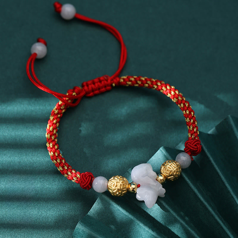 Buddha Stones Armband met jade en zilveren kralen, Chinees dierenriemteken, Jaar van het Paard, rood koord. - Rat (Polsomtrek: 14-20 cm) - image 1