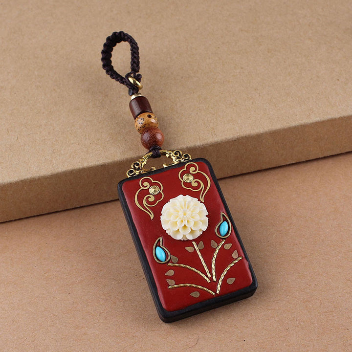 Buddha Stones Ebbenhouten bloem Koi-vis Fu-karakterknop sleutelhanger - Bruine knopentouw - Hortensia - image 12