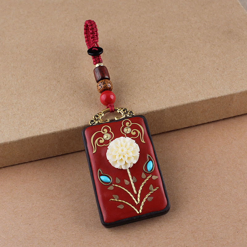 Buddha Stones Ebbenhouten bloem Koi-vis Fu-karakterknop sleutelhanger - Rode knop touw - Hortensia - image 18